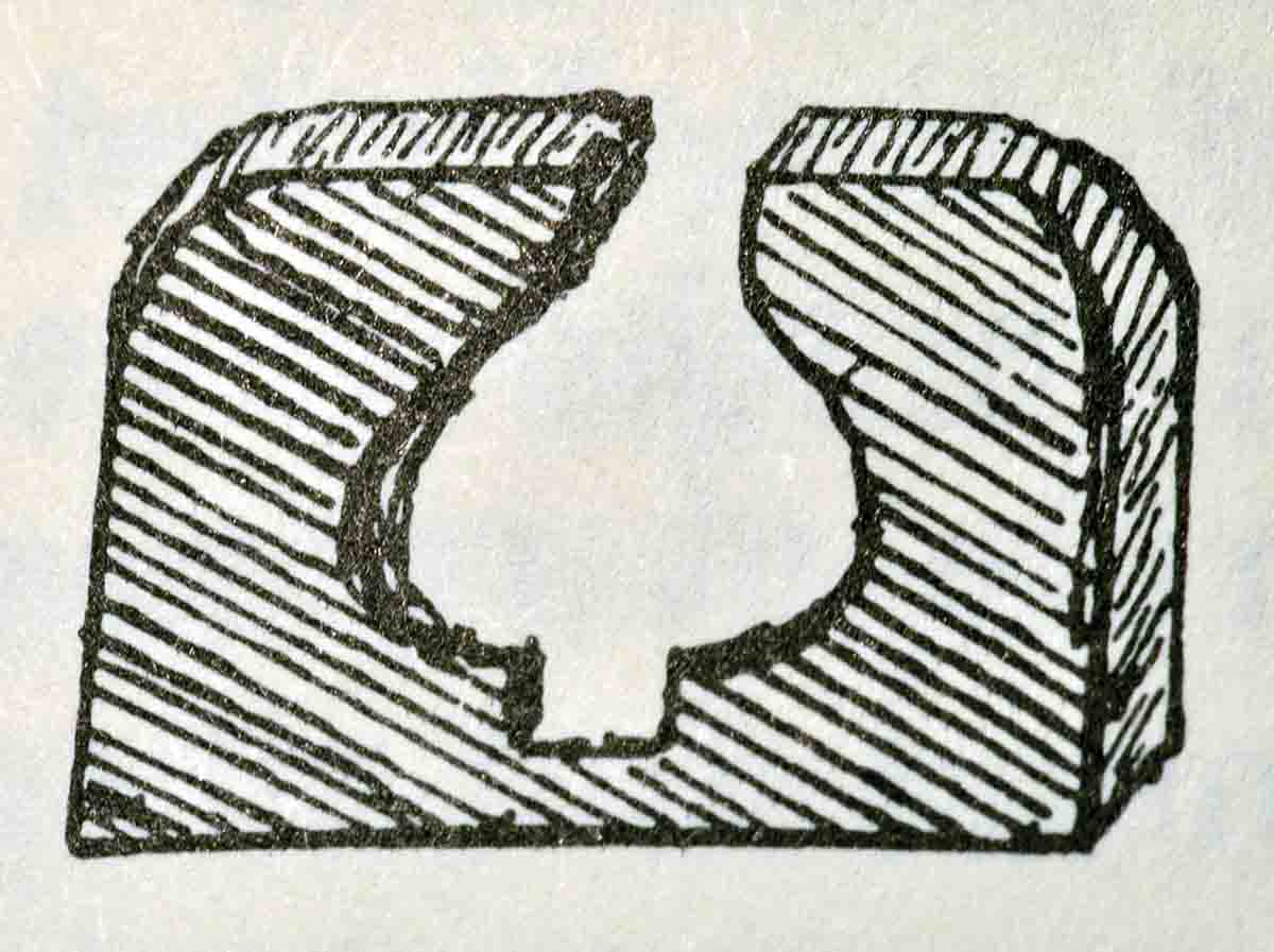 The rear sight found on a Fogg caplock rifle as sketched by Ned Roberts. To shoot at 110 yards (20 rods), the bead was positioned above the bottom notch; for 40 rods (220 yards) it was placed above the upper ears.